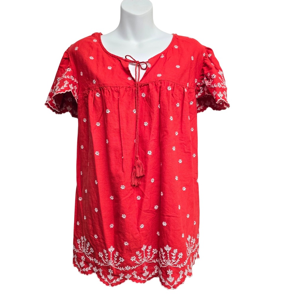 Lane Bryant Red Embroidered Cotton Linen Tassel Tie Tunic Top Size 20